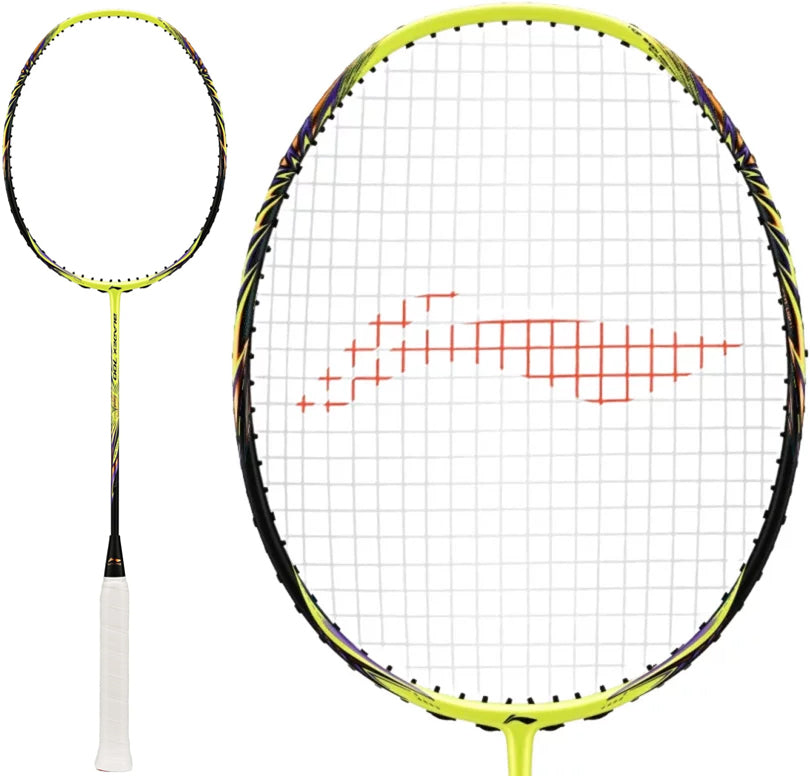 Showcasing the Li-Ning BladeX 700 4U Badminton Racket in Neon Brilliant Yellow, this speed-oriented racket features a white grip and a close-up of its oval, stringed head with a distinct red pattern at the center. Crafted by Li-Ning with an aerodynamic frame design, it delivers enhanced swing speed and precision for competitive play.