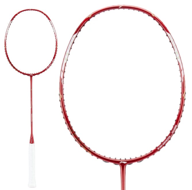 Close-up image of a red badminton racket, showcasing the Li-Ning Axforce Cannon Pro 4U with a white grip. The strings and sleek, modern design accentuate its Shock Absorption System, set predominantly against a white background.