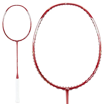 Close-up image of a red badminton racket, showcasing the Li-Ning Axforce Cannon Pro 4U with a white grip. The strings and sleek, modern design accentuate its Shock Absorption System, set predominantly against a white background.