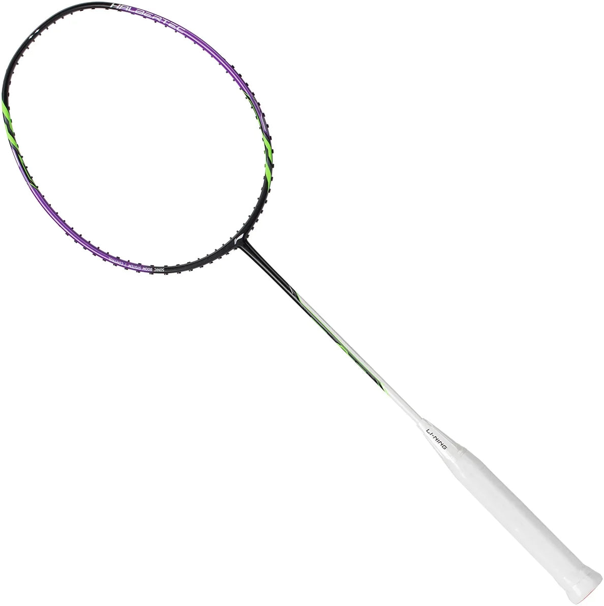 A Li-Ning Halbertec 1000 Badminton Racket - Dragon Purple, featuring a black and purple frame with a white grip, ideal for beginners, is displayed against a white background.