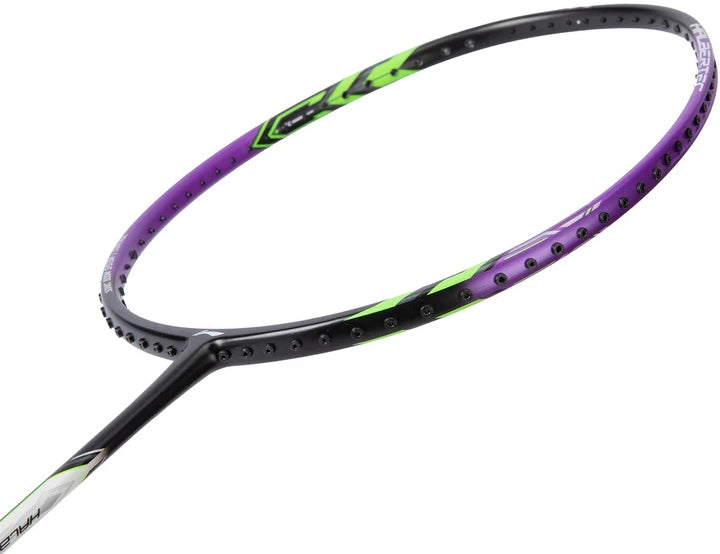 A detailed close-up of the Li-Ning Halbertec 1000 Badminton Racket - Dragon Purple by Li-Ning, highlighting its distinctive oval frame in vibrant purple and green, featuring visible string holes with no strings attached—perfect for beginners eager to start exploring badminton.