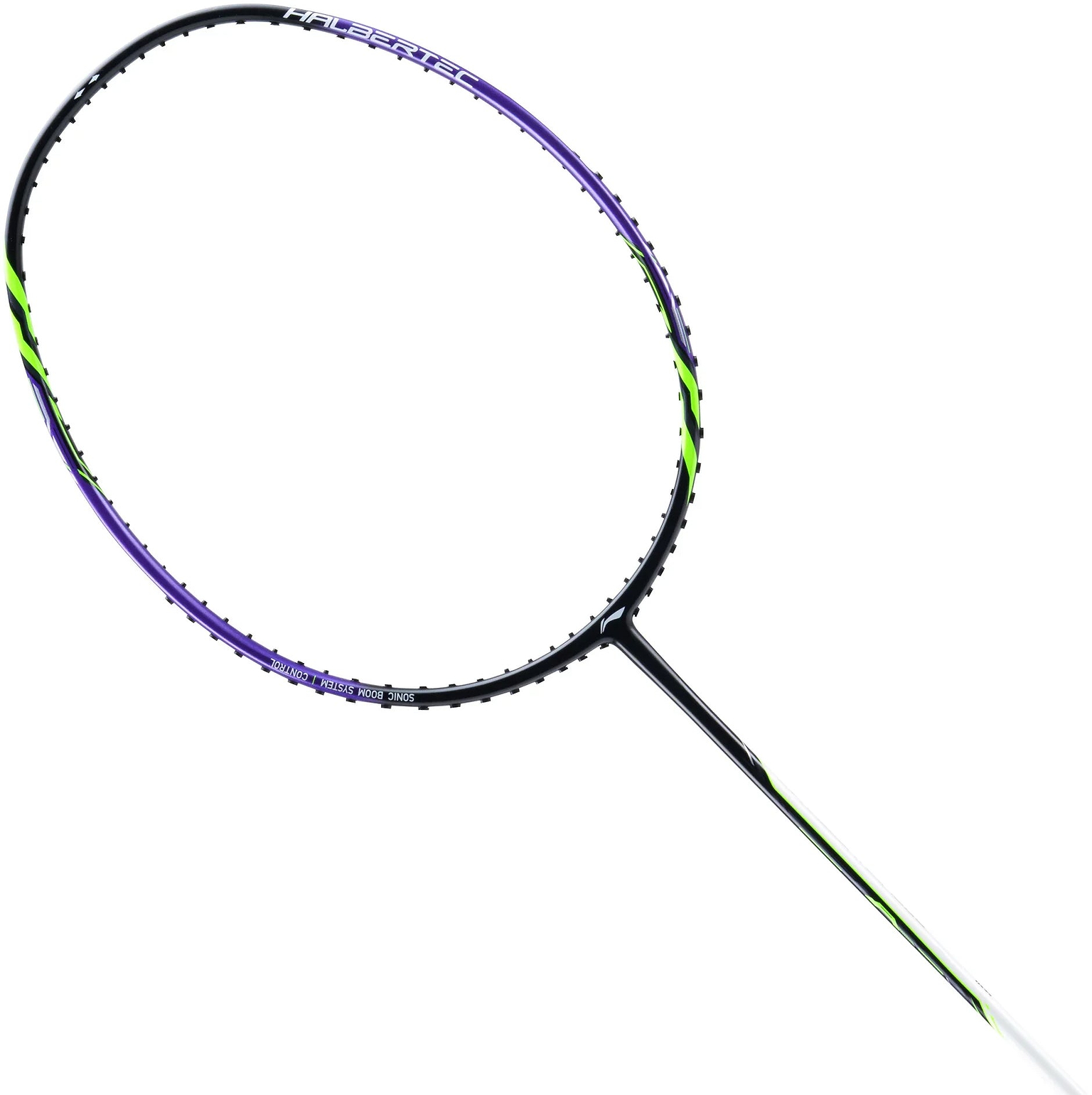 The Li-Ning Halbertec 1000 Badminton Racket - Dragon Purple is displayed against a white background, showcasing its black handle and frame with striking green and purple accents on the head—an excellent pick from Li-Ning for beginners who want both style and performance.
