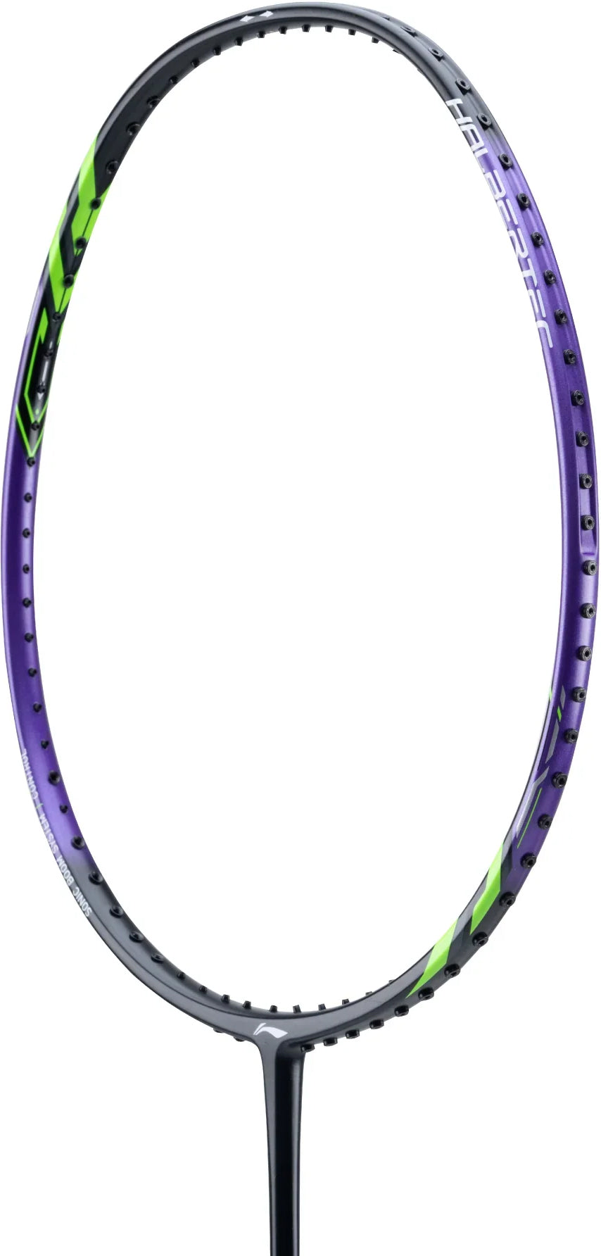 A close-up of the Li-Ning Halbertec 1000 Badminton Racket - Dragon Purple by Li-Ning, featuring a predominantly purple frame with green and black accents, displayed without strings against a white background—an excellent quality choice for beginners.