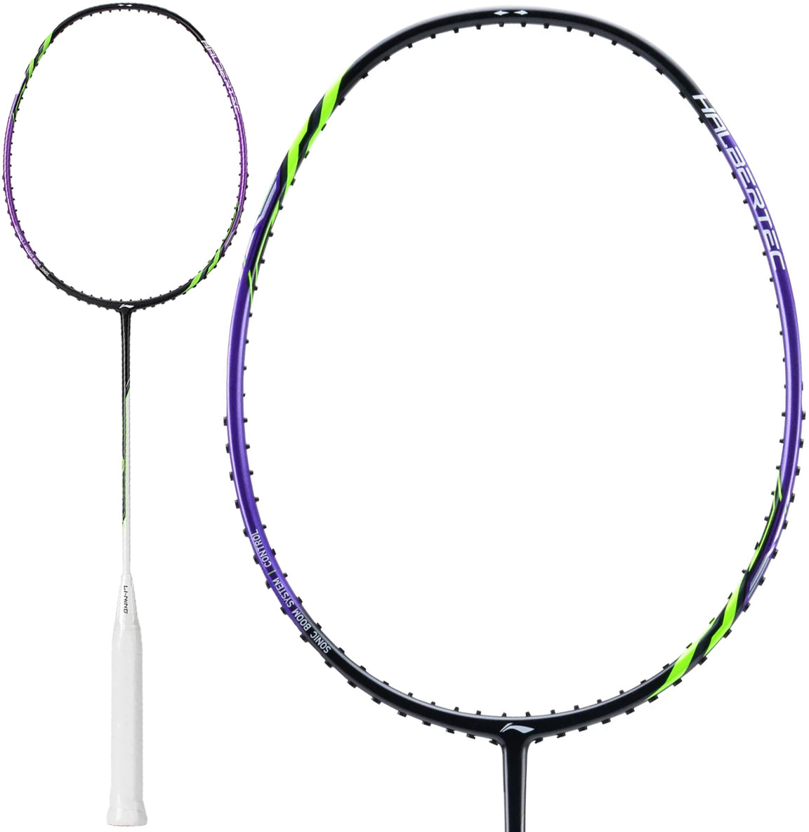 The Li-Ning Halbertec 1000 Badminton Racket - Dragon Purple, designed for beginners, showcases a white handle and a black frame highlighted with green and purple accents from the Li-Ning brand, displayed both in full view and in a detailed close-up of the racket head.