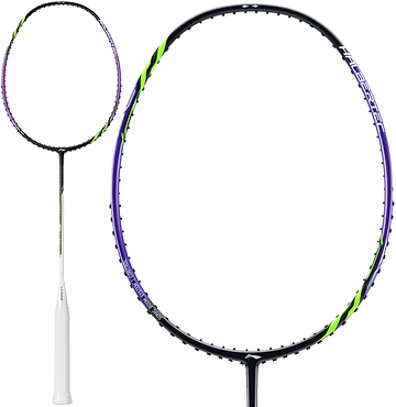The Li-Ning Halbertec 1000 Badminton Racket - Dragon Purple, designed for beginners, showcases a white handle and a black frame highlighted with green and purple accents from the Li-Ning brand, displayed both in full view and in a detailed close-up of the racket head.