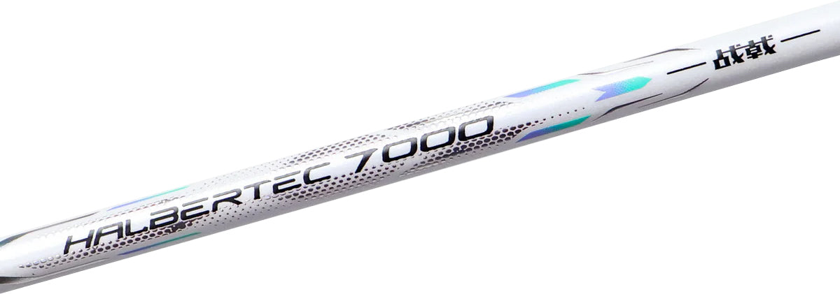 Close-up of the Li-Ning Halbertec 7000 II Badminton Racket - Jade Blue / Rosy Purple shaft, featuring geometric blue, green, and gray designs with "HALBERTEC 7000" and Asian script—an all-round control racket from Li-Ning for versatile play.