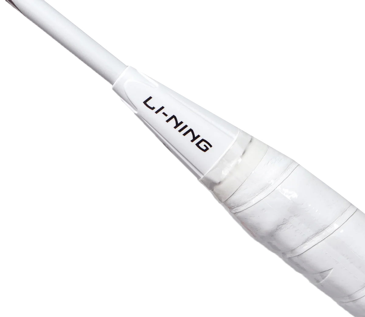 Close-up of the handle of a Li-Ning Halbertec 7000 II Badminton Racket in Jade Blue / Rosy Purple, with "LI-NING" printed in black on the cone section above the grip for all-round control frame performance.