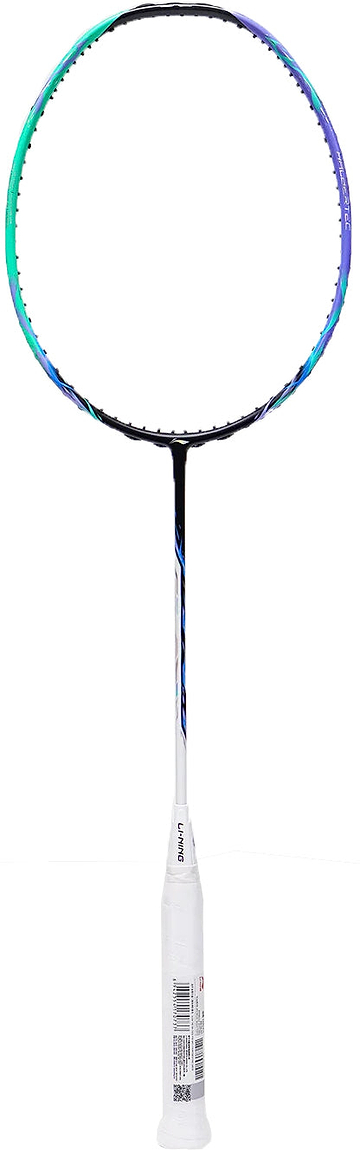 A Li-Ning Halbertec 7000 II Badminton Racket in Jade Blue and Rosy Purple, featuring an all-round control frame and a white grip handle, is displayed against a plain white background.