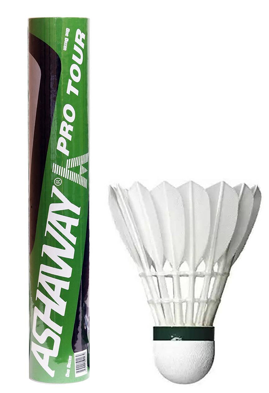 An upright green Ashaway tube marked "Pro Tour" stands beside a white Grade A goose feather badminton shuttlecock from the Ashaway Pro Tour Feather Badminton Shuttles (set of 12), both on a white background.