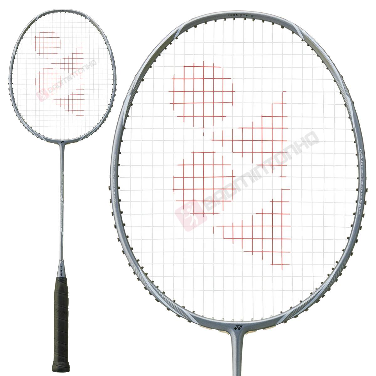 The Yonex Astrox Nextage 4U Badminton Racket in Light Grey includes a black handle and silver frame with strings that feature a red geometric logo, ideal for intermediate players. The image shows the full racket and a close-up of its head.