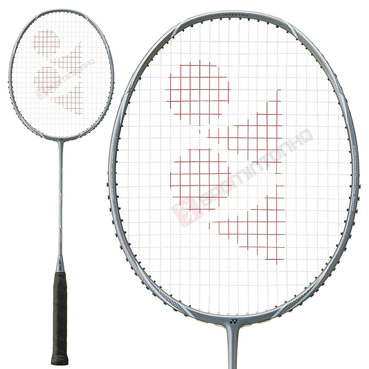 The Yonex Astrox Nextage 4U Badminton Racket in Light Grey includes a black handle and silver frame with strings that feature a red geometric logo, ideal for intermediate players. The image shows the full racket and a close-up of its head.