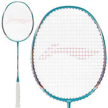 Close-up of the Li-Ning BladeX 200 3U badminton racket in viridian green with white strings and a red logo on high-modulus carbon fibre. Enhanced with Accele Tech, it sports a white grip tape handle, shown from full-length and head-focused angles.