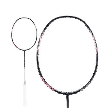 The image features two badminton rackets with black frames. In the foreground is a larger Li-Ning Axforce Big Bang 5U Badminton Racket, highlighted by its pink and black design, perfect for intermediate to advanced players. The smaller racket in the background sports a white handle. Both rackets rest against a plain white backdrop.