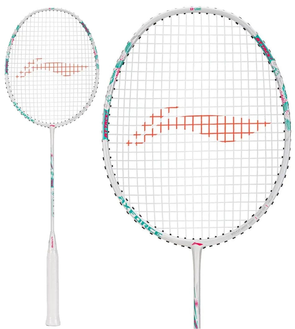 The Li-Ning Axforce Big Bang 4U Badminton Racket in Pearl White features a pink, teal, and white shaft and head design for intermediate to advanced players. Orange strings create a unique pattern. Images show both full view and close-up.