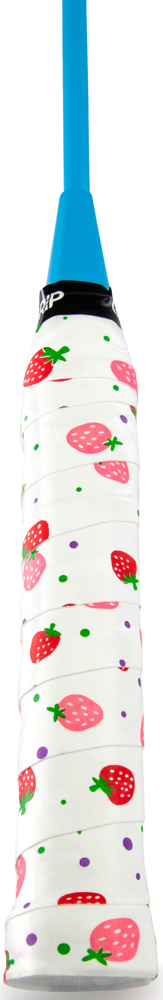 The Get A Grip Strawberries & Cream Badminton Overgrip by Get A Grip features a white handle with pink strawberries, purple and green dots for style and moisture absorption, and a blue finish at the top.