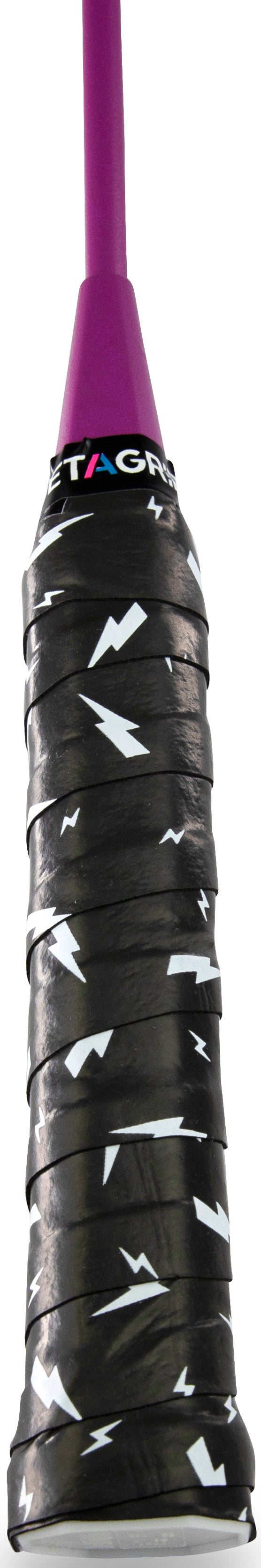 Close-up of a Get A Grip Charged Up Badminton Overgrip in black, featuring white lightning bolt patterns on the handle. The gray end cap and purple shaft above complete this non-slip grip from Get A Grip.
