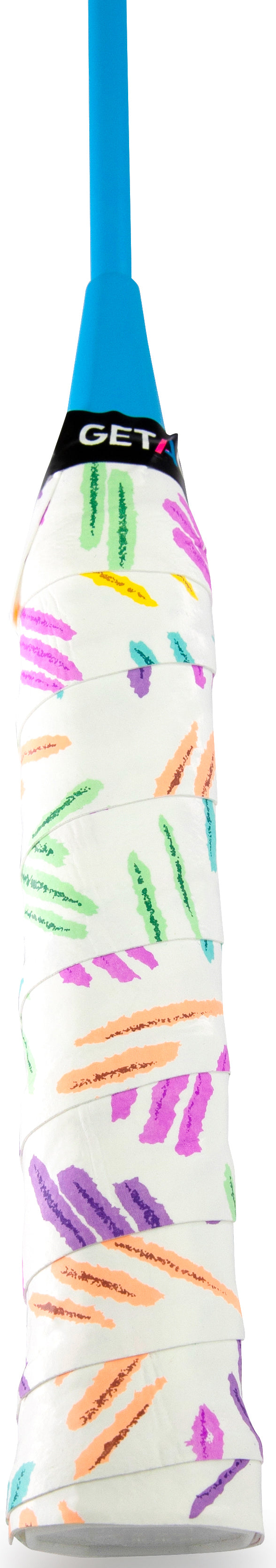 Close-up of the Get A Grip Spring & Bounce Badminton Overgrip in white, by Get A Grip, with non-slip texture and crayon-like strokes in purple, orange, green, and pink. Handle top capped with a bright blue end.