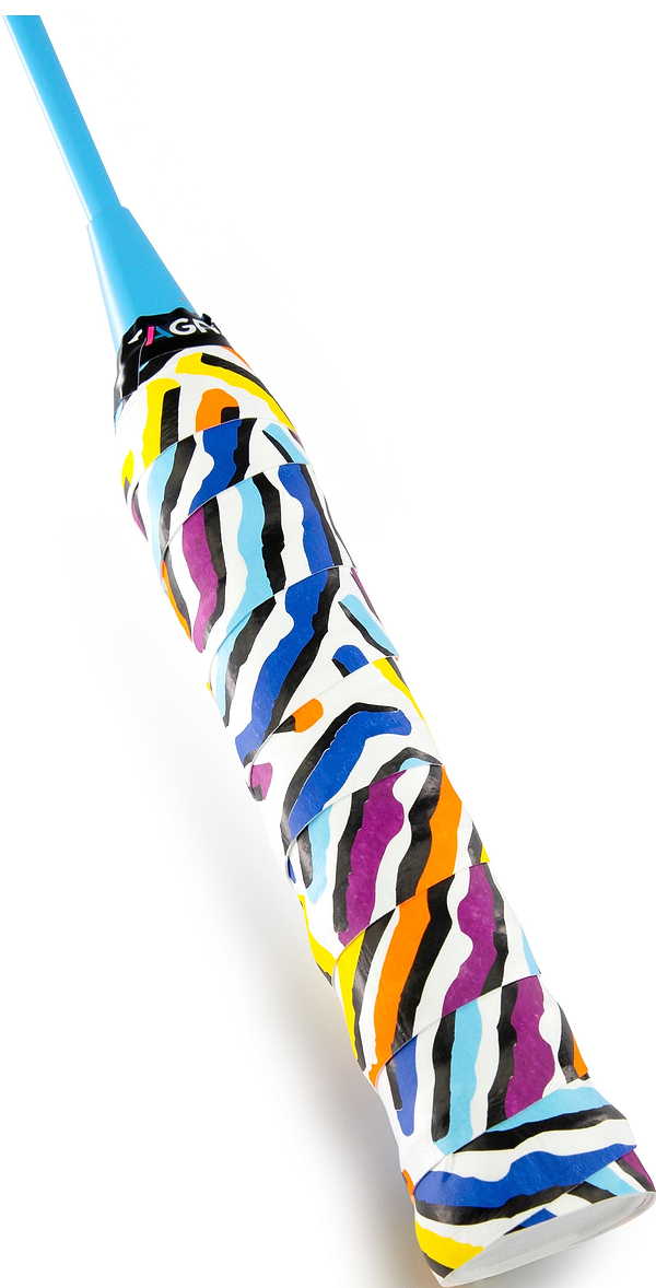 A close-up of the Get A Grip Serve & Vibe Multi Color Badminton Racket Overgrip by Get A Grip, wrapped on a handle with wavy blue, purple, black, orange, pink, and white stripes. The grippy surface ensures excellent non-slip performance.