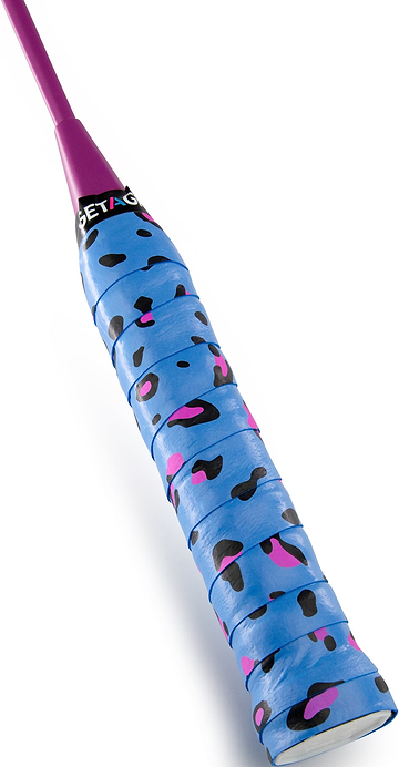 Close-up of the Get A Grip Change Your Spots Blue Pink Badminton Racket Overgrip by Get A Grip, featuring a blue, non-slip grip with black and pink leopard print on a purple shaft against a white background.