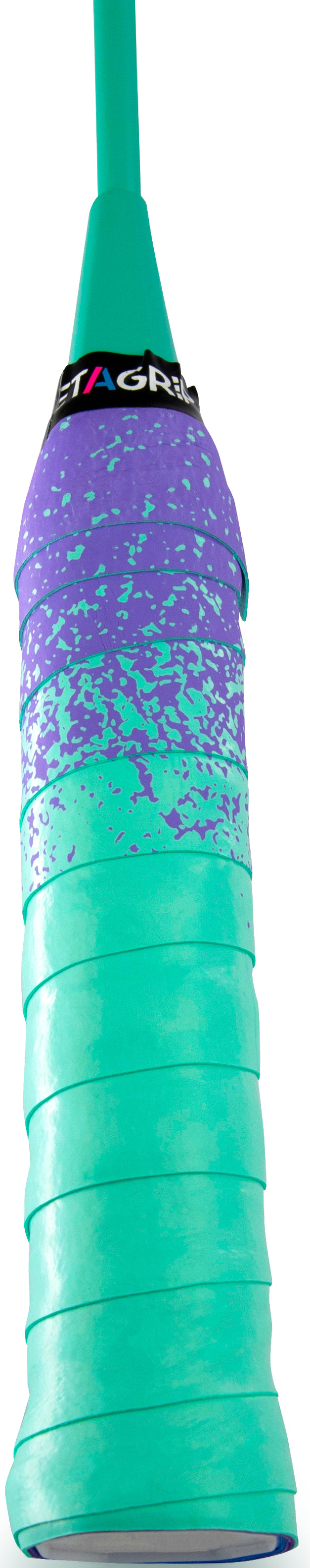 Close-up of a Get A Grip Paint the Lines Purple / Mint Badminton Racket Overgrip, featuring a turquoise and purple non-slip, speckled texture for better moisture absorption, plus a black label with colorful text near the top.