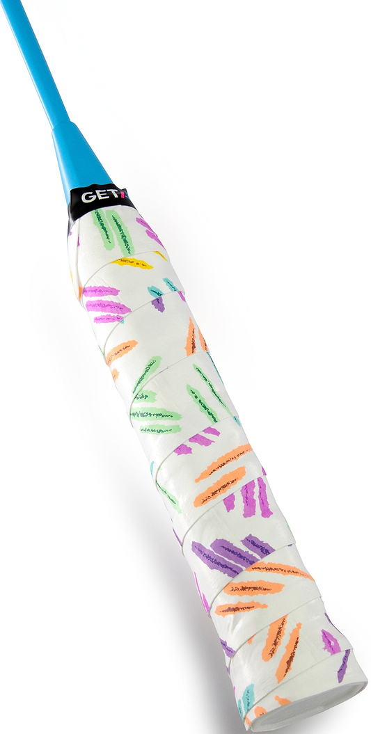 Close-up of a Get A Grip Spring & Bounce Badminton Overgrip in white, wrapped on a handle with colorful, crayon-style patterns—green, orange, purple, yellow—a blue top, and a black "Get A Grip" label.