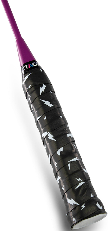 Close-up of the Get A Grip Charged Up Badminton Overgrip—black with white lightning bolt patterns—wrapped on a racket handle; top section is purple. Brand: Get A Grip.