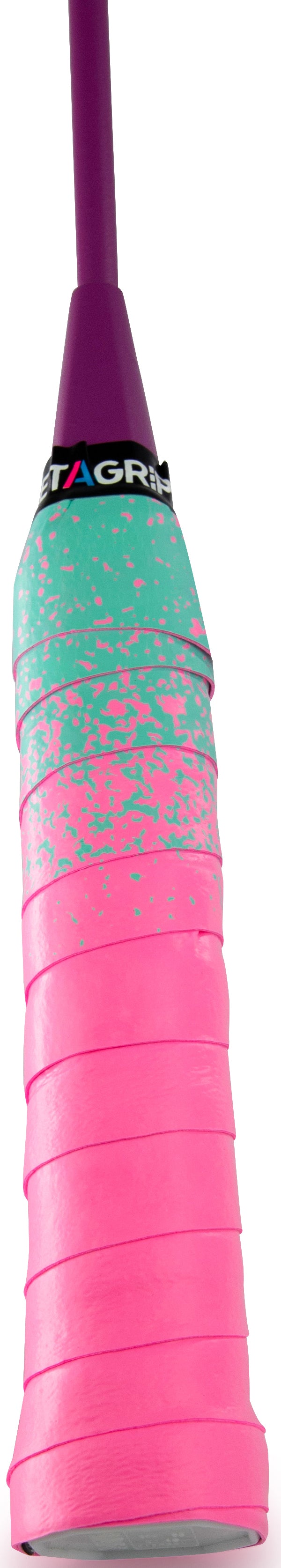 Close-up of the Get A Grip Paint the Lines Pink / Mint Badminton Racket Overgrip, featuring bright pink, non-slip tape with green and pink speckles, finished with a black Get A Grip logo band and a purple end cap.