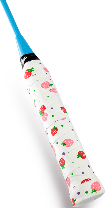 A close-up of the Get A Grip Strawberries & Cream Badminton Overgrip - White by Get A Grip, featuring pink strawberries, green leaves, and purple dots. This stylish overgrip provides comfort and excellent moisture absorption.