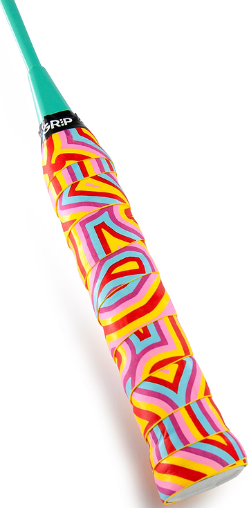 A close-up of the Get A Grip Love All Badminton Racket Overgrip by Get A Grip shows a bright, wavy red, yellow, pink, and blue grip. "SUPERGRIP" appears near the top, highlighting its excellent non-slip performance.