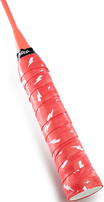 A close-up of a Get A Grip Charged Up Badminton Overgrip in red with white lightning bolt patterns wraps the racquet handle, shown at an angle against a white background.