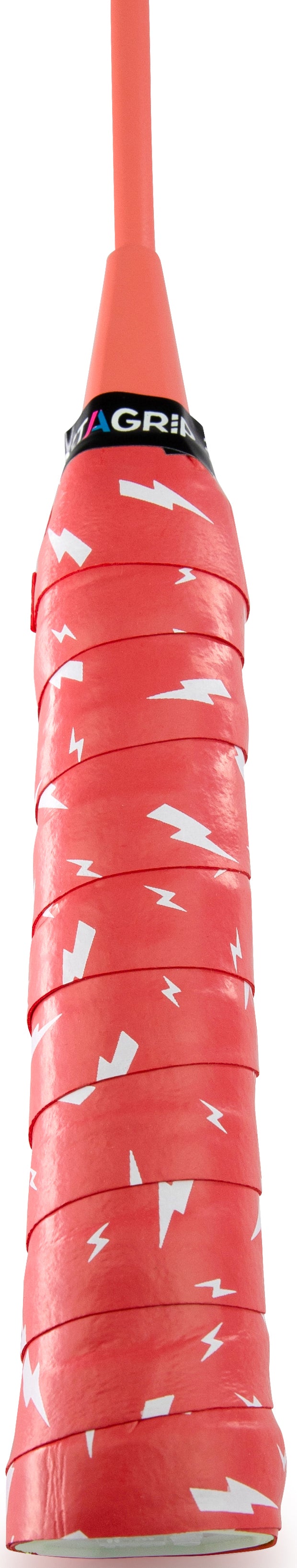 Close-up of a red Get A Grip Charged Up Badminton Overgrip by Get A Grip, featuring white lightning bolt patterns wrapped around a racket handle.