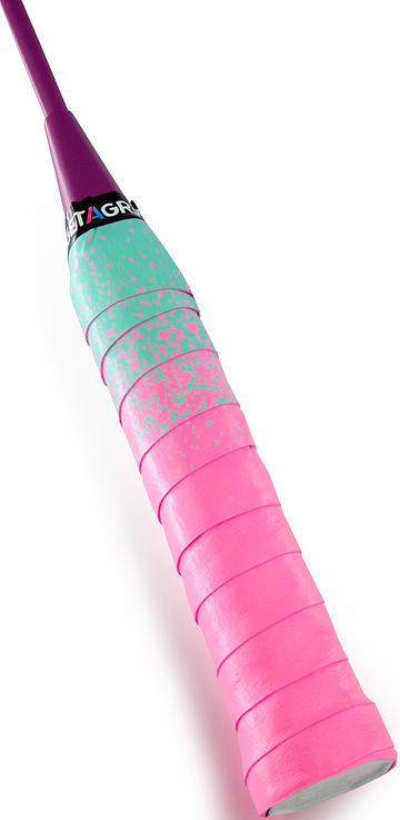 A close-up of the Get A Grip Paint the Lines Pink / Mint Badminton Racket Overgrip by Get A Grip, showing teal and pink grippy tape, a purple end cap, and a black label with “GRIP” partly visible near the handle’s top.