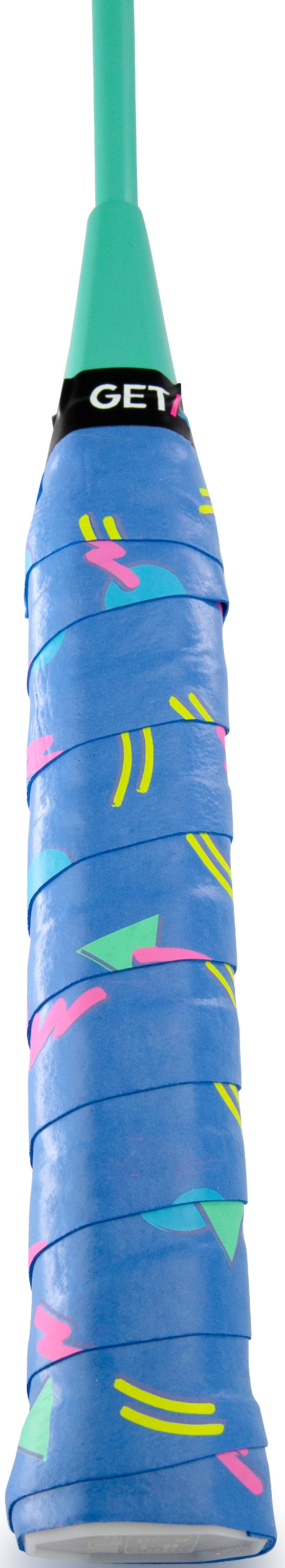Close-up of the Get A Grip Cutting Shapes Badminton Overgrip - Blue by Get A Grip, featuring colorful abstract patterns in yellow, pink, and green. Designed for badminton, it offers excellent moisture absorption with teal end cap and handle top.