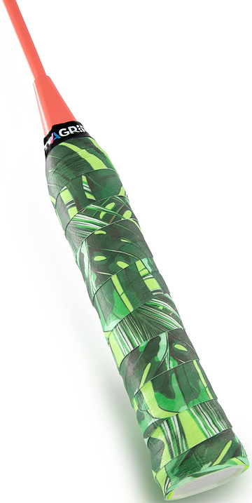 Close-up of the Get A Grip Ace Tropic Green Badminton Racket Overgrip by Get A Grip, featuring a green leaf-patterned, non-slip surface on the handle. The red shaft appears at the top, set against a white background.
