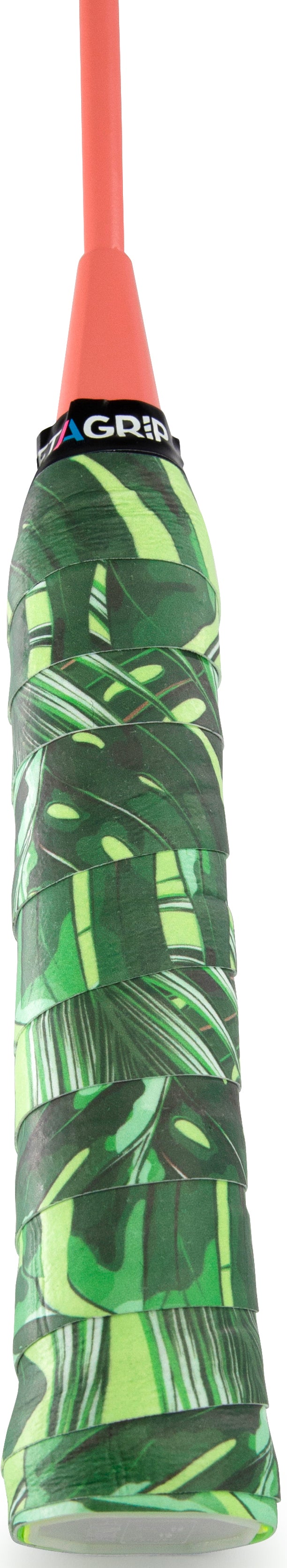 A close-up of a Get A Grip Ace Tropic Green Badminton Racket Overgrip by Get A Grip, featuring a green leafy pattern and a grippy, non-slip surface for better control. The word "GRIP" is partly visible at the top on a black band.