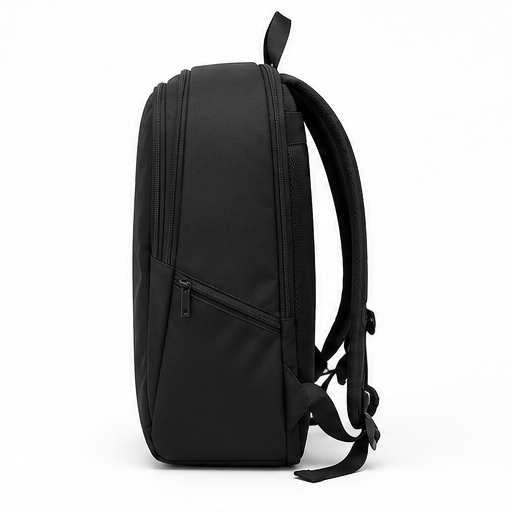 Side view of the BadmintonHQ Badminton Backpack - Black, featuring two zippered compartments, padded shoulder straps, and a top handle. This sleek, minimalist bag by BadmintonHQ is ideal for carrying your badminton kit for daily use or travel.
