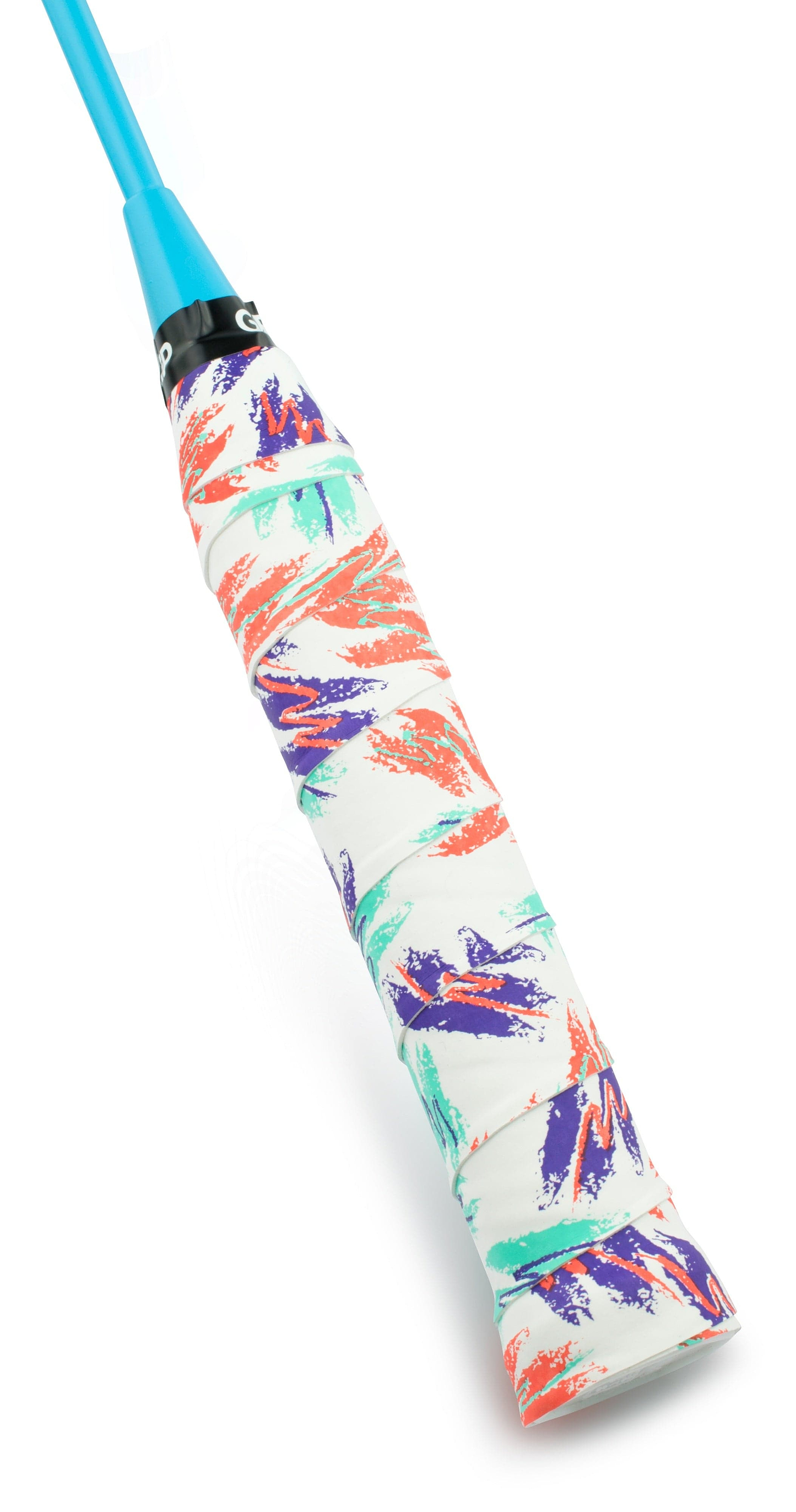 Close-up of a Get A Grip Badminton Overgrip - Baseline by Get A Grip, featuring abstract orange, purple, and green patterns on white. The grip's top is light blue for enhanced moisture absorption.
