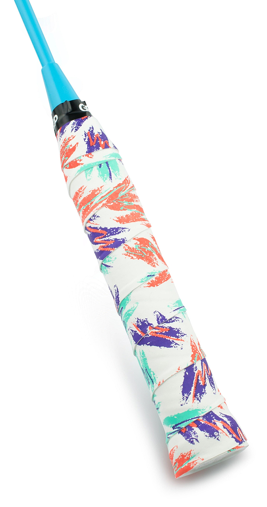 Close-up of a Get A Grip Badminton Overgrip - Baseline by Get A Grip, featuring abstract orange, purple, and green patterns on white. The grip's top is light blue for enhanced moisture absorption.