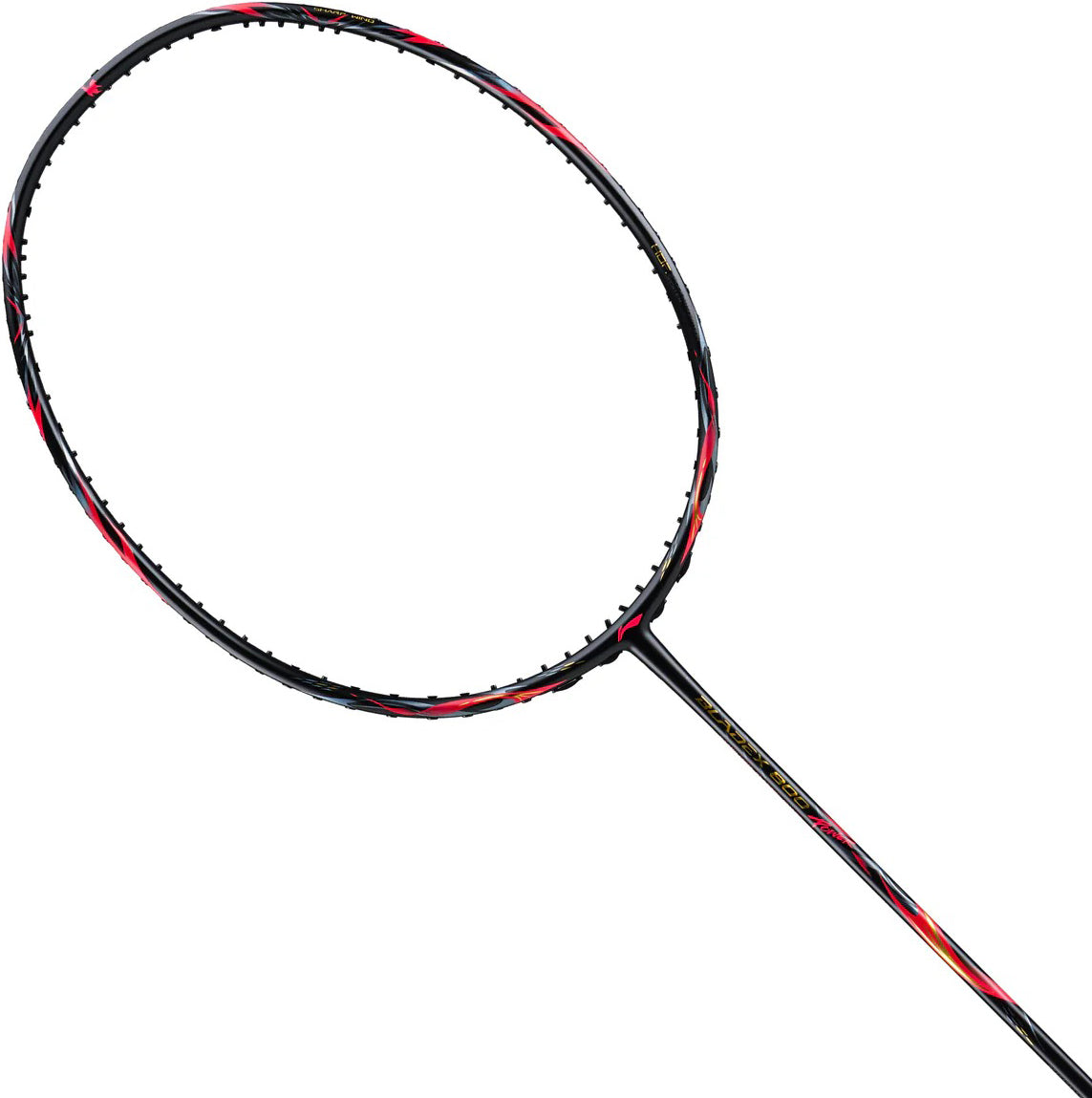The Li-Ning BladeX 800 Power Badminton Racket - Lava Red features a black M46X carbon frame with red and yellow accents, displayed against a white background.