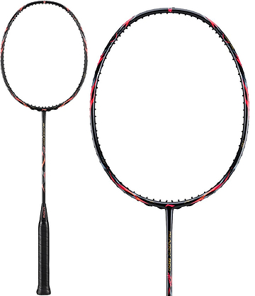 The Li-Ning BladeX 800 Power Badminton Racket - Lava Red, by Li-Ning, features a black handle and shaft with red and white frame accents, displayed in full view and a carbon head close-up.
