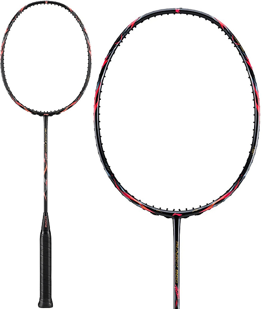 The Li-Ning BladeX 800 Power Badminton Racket - Lava Red, by Li-Ning, features a black handle and shaft with red and white frame accents, displayed in full view and a carbon head close-up.