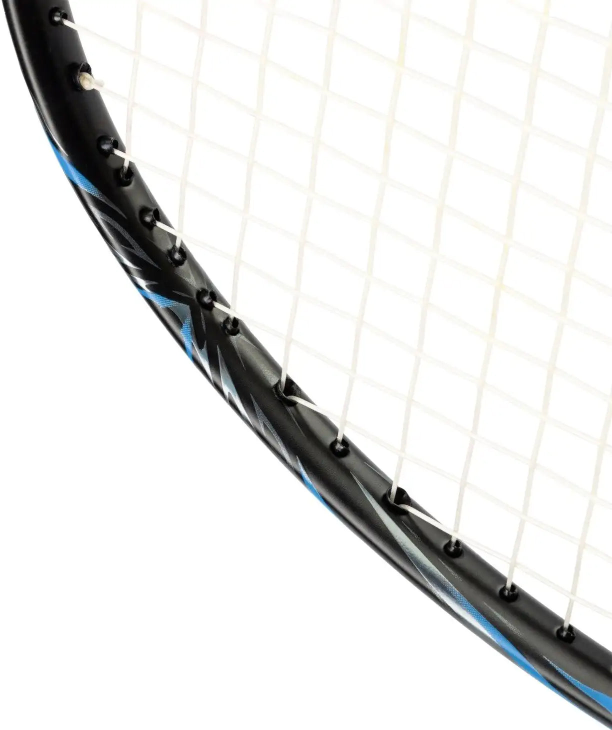 Close-up of the top edge of a Li-Ning BladeX 800 Speed Badminton Racket - Storm Blue with white strings and a black and blue frame against a white background.