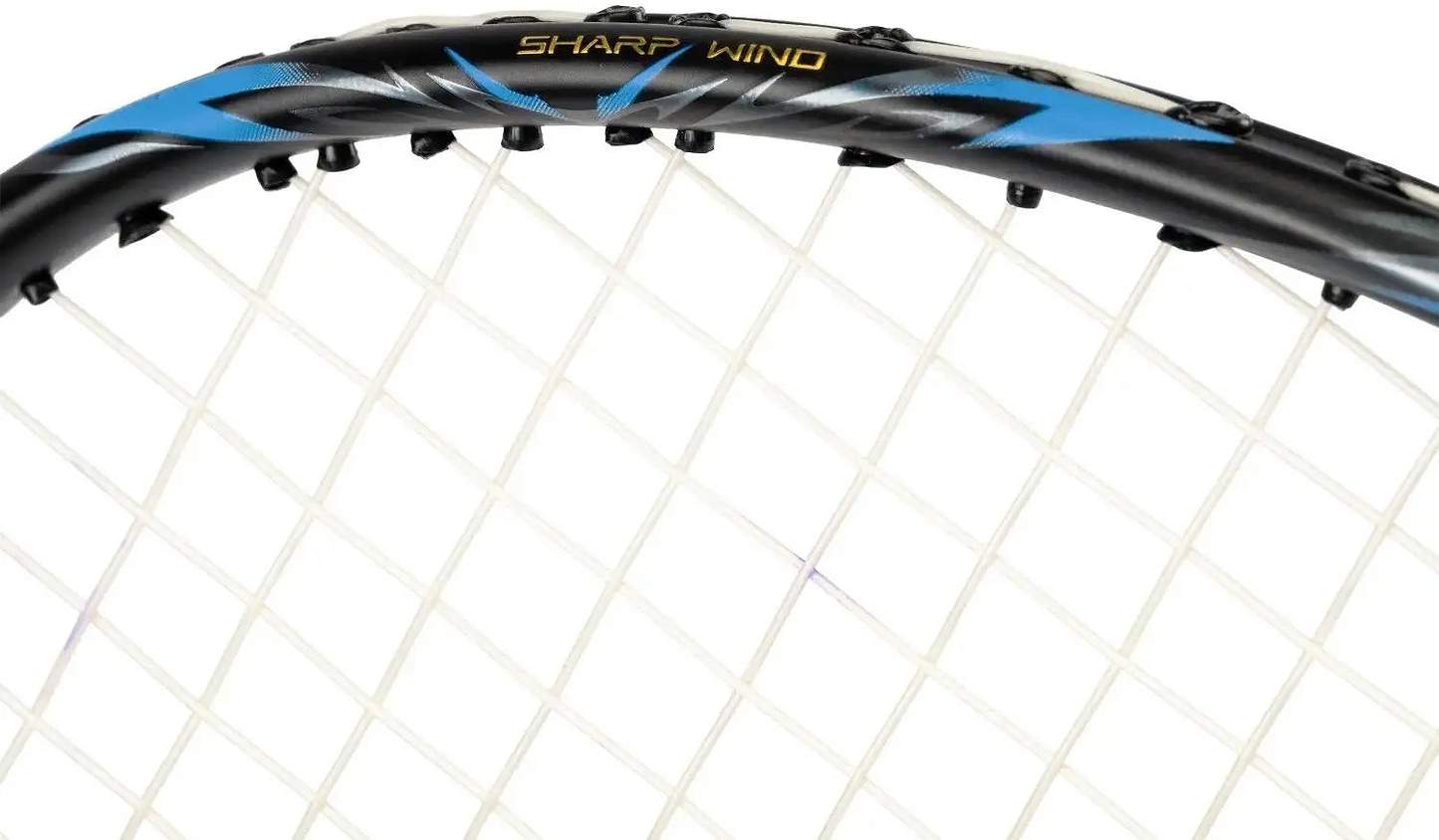 Close-up of the top section of the Li-Ning BladeX 800 Speed Badminton Racket - Storm Blue, showing its white strings and black frame with blue accents and the words "SHARP WIND" printed on it.