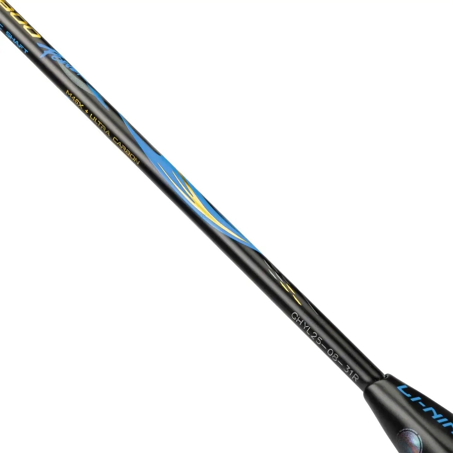 Close-up of the Li-Ning BladeX 800 Speed Badminton Racket - Storm Blue shaft, displaying "MICRO-LITE & CARBON" and "CHAY25 6.0 31T" text with blue/yellow accents, highlighting its head-light design.