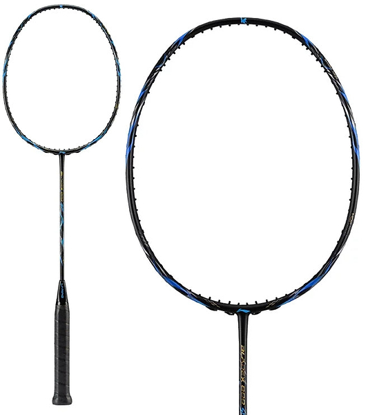 The Li-Ning BladeX 800 Speed Badminton Racket - Storm Blue is displayed; one image shows the full head-light racket, while a close-up highlights its oval head and stringless frame.