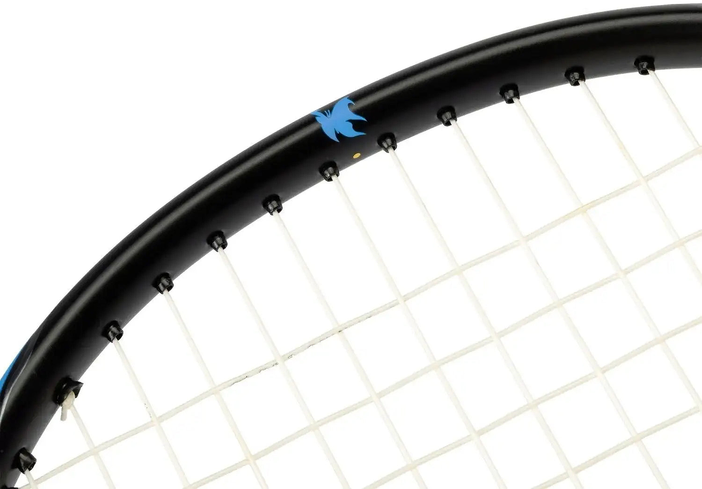 Close-up of the Li-Ning BladeX 800 Speed Badminton Racket - Storm Blue, showing white strings and a small blue bird logo on the frame, highlighting the sleek design typical of Li-Ning rackets.