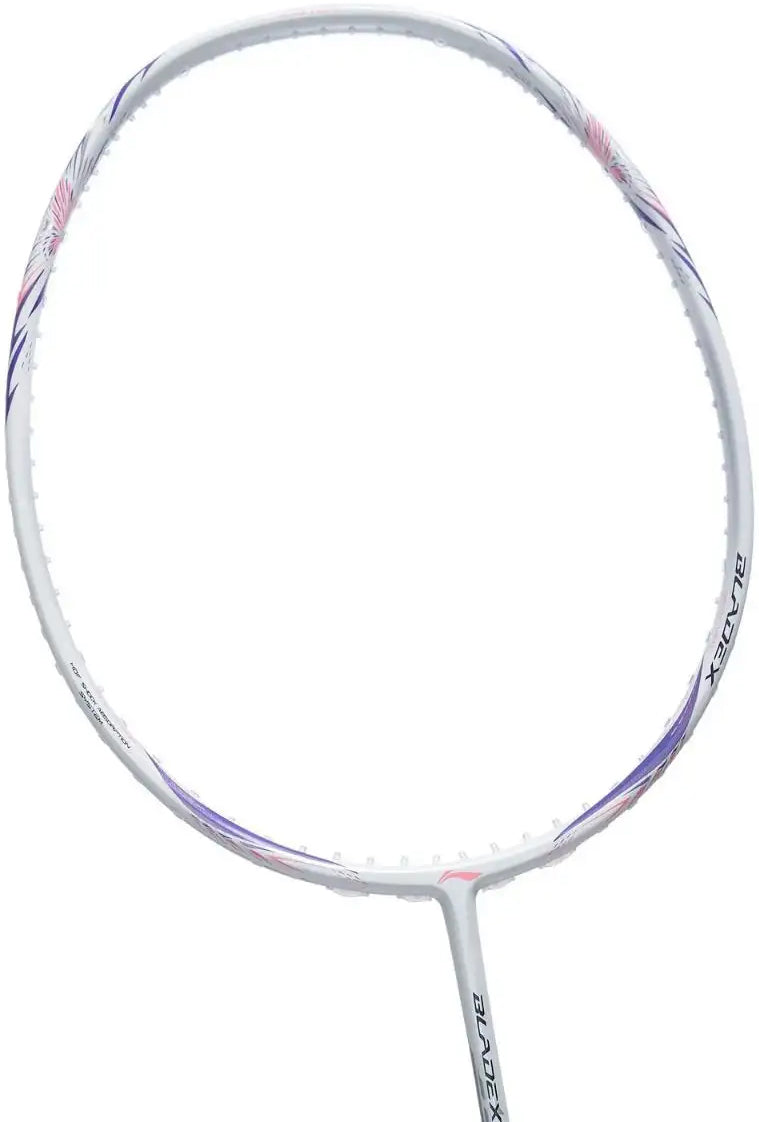A close-up of the Li-Ning BladeX 600 4U 2026 Badminton Racket in white and purple, showing its head-light balance with only the frame and shaft visible, no strings.