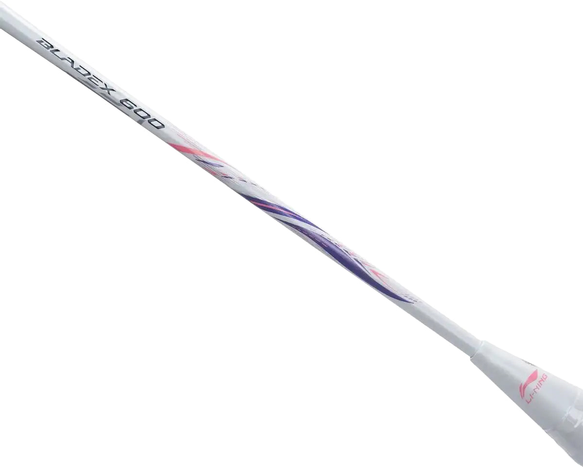 The Li-Ning BladeX 600 4U 2026 Badminton Racket in white/purple has a head-light balance for swift handling, pink and purple diagonal patterns, "BLADEX 600" along the shaft, and a tapered rubber tip.