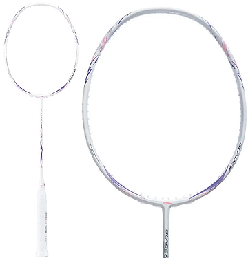 The Li-Ning BladeX 600 4U 2026 Badminton Racket in white and purple is shown with a full-length view and a close-up of its head-light balance, set against a plain white background.