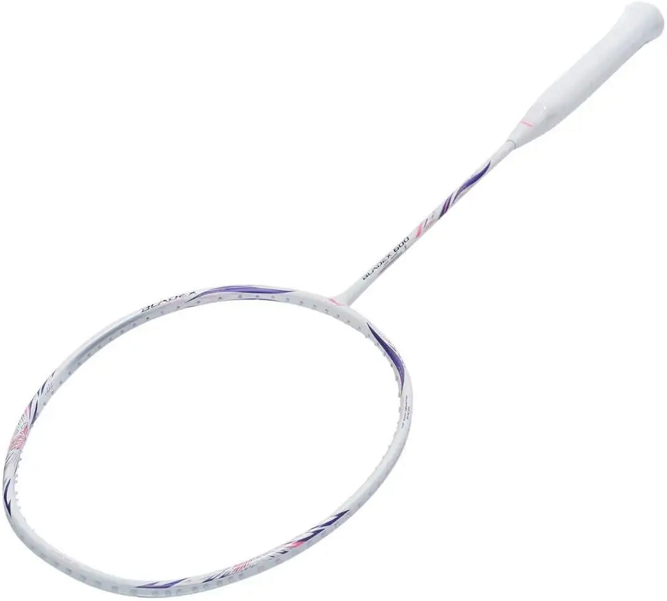 The Li-Ning BladeX 600 4U 2026 Badminton Racket in white with purple and pink accents features a head-light balance, slim handle, and circular stringed head, displayed on a plain white background.